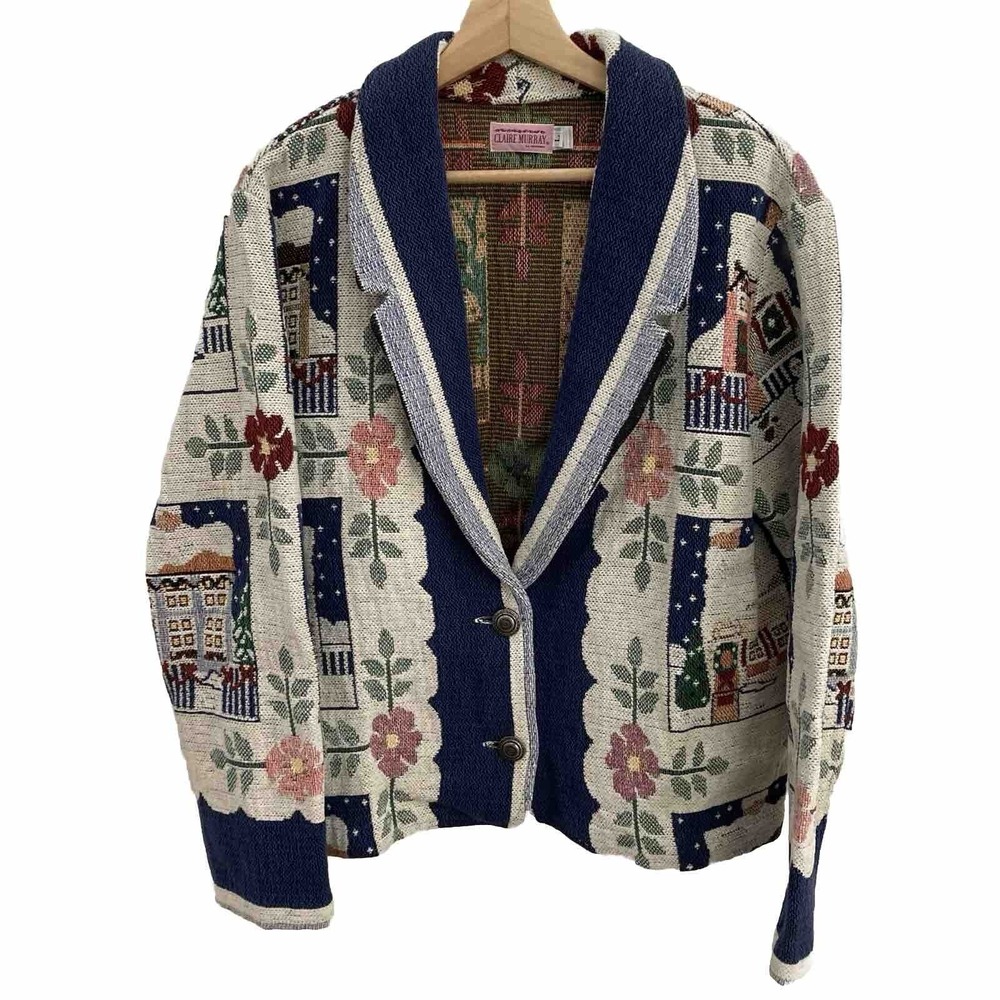Vtg Claire Murray by Silverado Xmas Tapestry Blazer Coat Jacket Womens Large USA